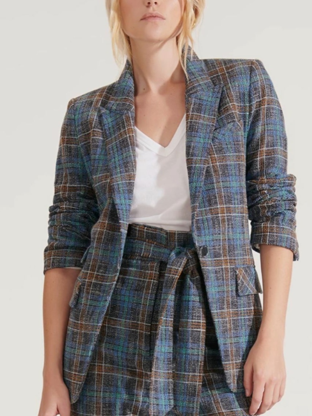 Veronica Beard Martel Plaid Dickey Blazer Jacket, Ruched Sleeves, Size 8
